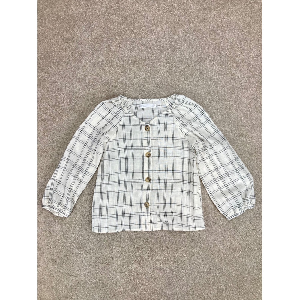 Zara Kids Plaid Blouse Size 9 Cream Black Button Front Elastic Hem Cottagecore